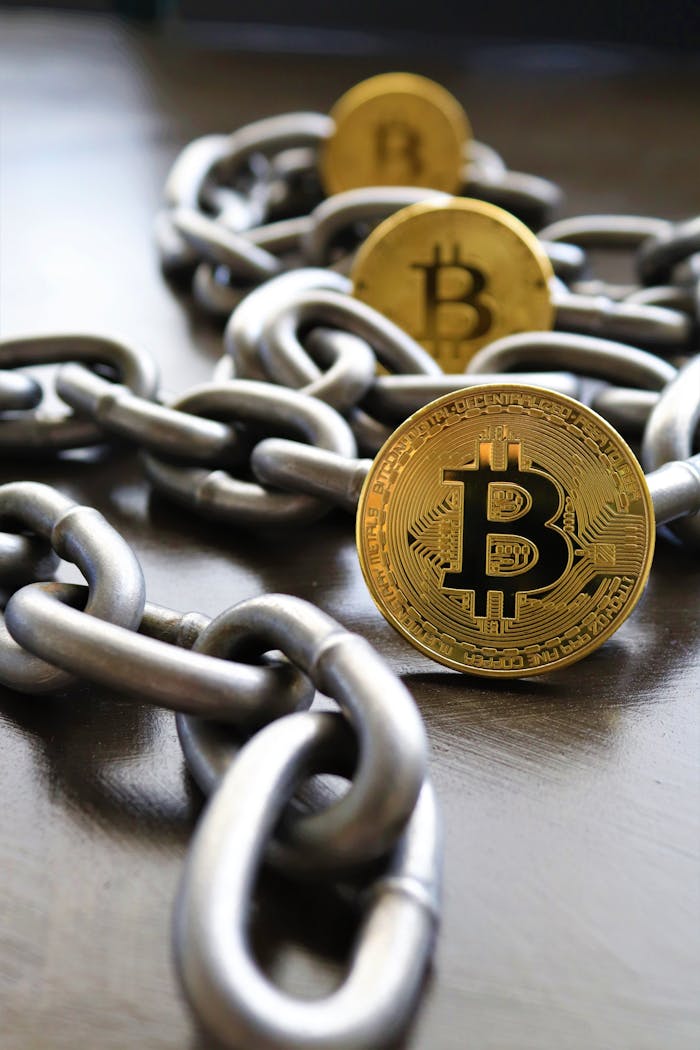 Home Bitcoin coins intertwined with a metal chain, symbolizing cryptocurrency and blockchain security.