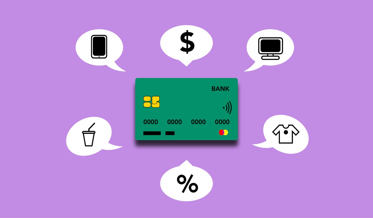 Illustration of a credit card with icons representing online shopping on a purple background.